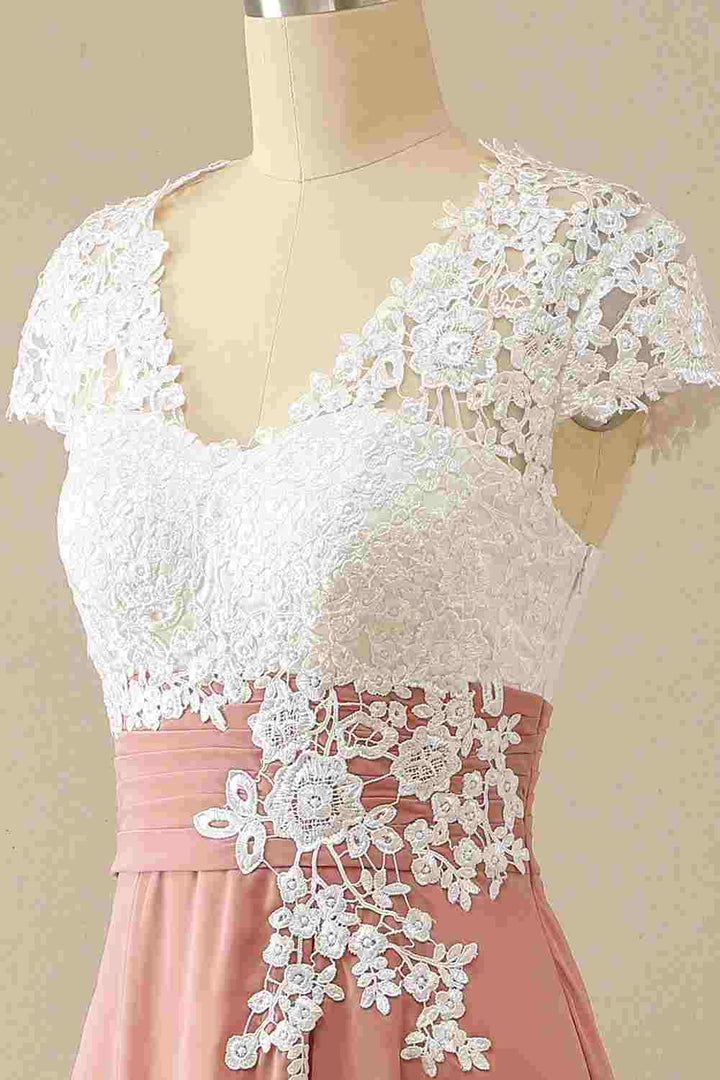 Coral Pink Lace Cap Sleeve Mother of the Bride Dress