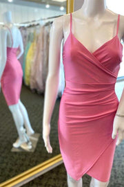 Pink Surplice Straps Fitted Homecoming Dress