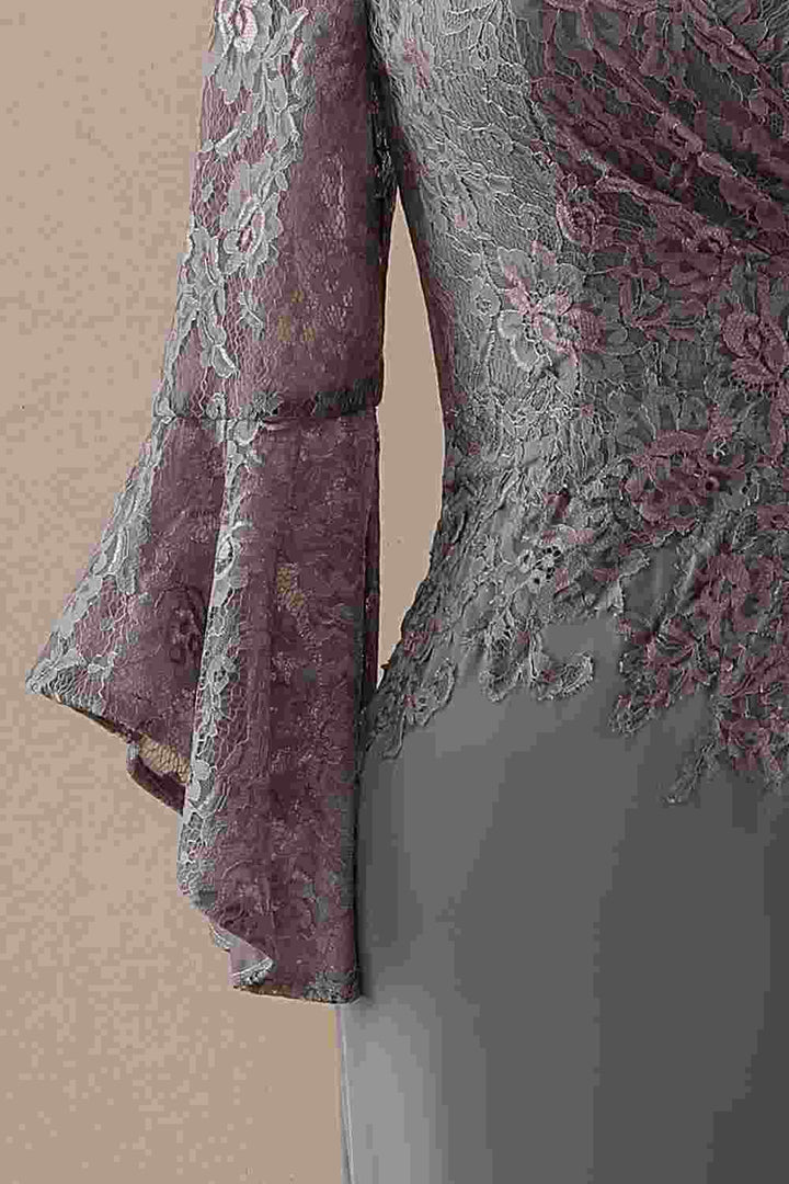 Grey V-Neck Ruffled Sleeve Mermaid Mother of the Bride Dress