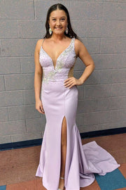 Elegant Lilac Beaded Plunge V Mermaid Long Formal Dress with Slit
