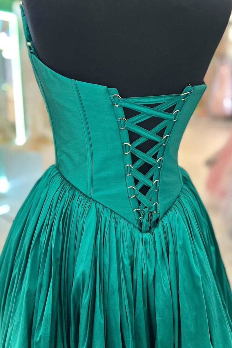 Emerald Green Strapless Lace-Up Back A-Line Prom Dress