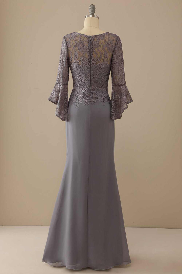 Grey V-Neck Ruffled Sleeve Mermaid Mother of the Bride Dress