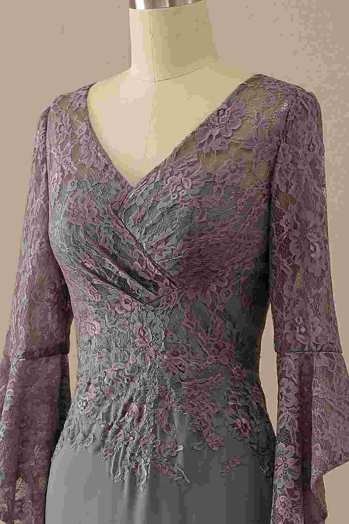 Grey V-Neck Ruffled Sleeve Mermaid Mother of the Bride Dress
