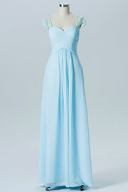 Light Blue Sweetheart Sheer Puff Sleeve Bridesmaid Dress