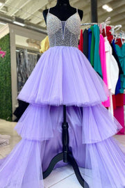 Lavender Beaded High-Low Tiered Long Prom Dress