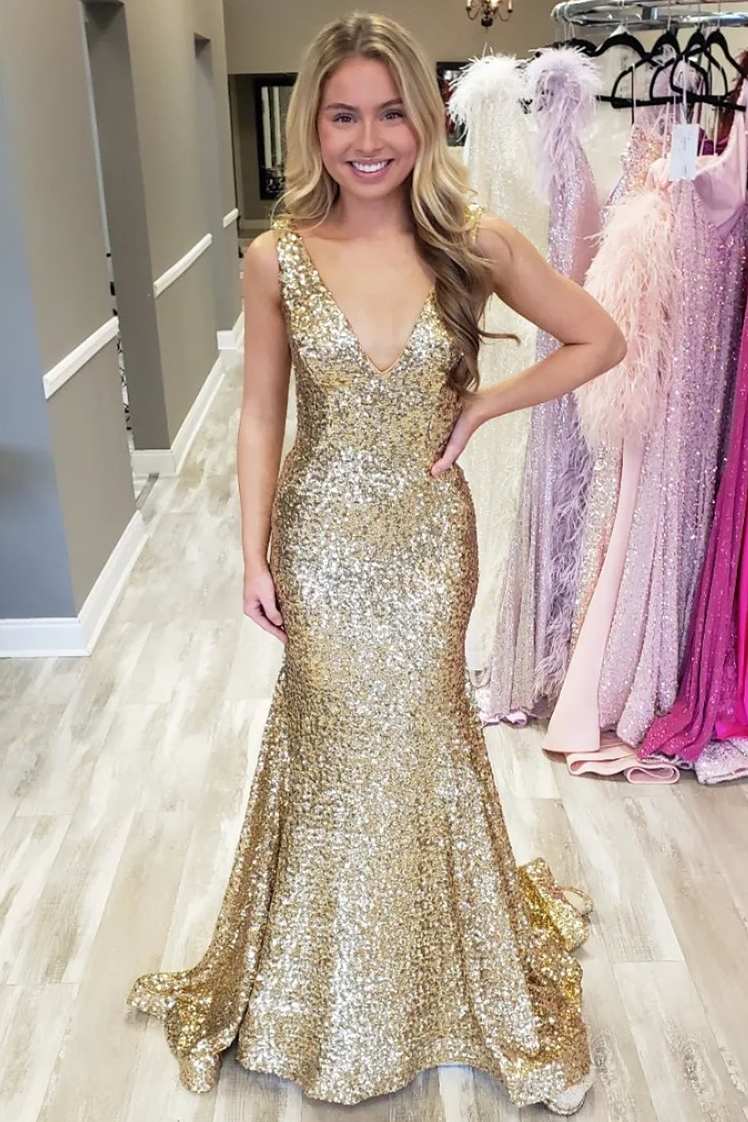 Gold Sequin V-Neck Trumpet Long Prom Dress – Modsele