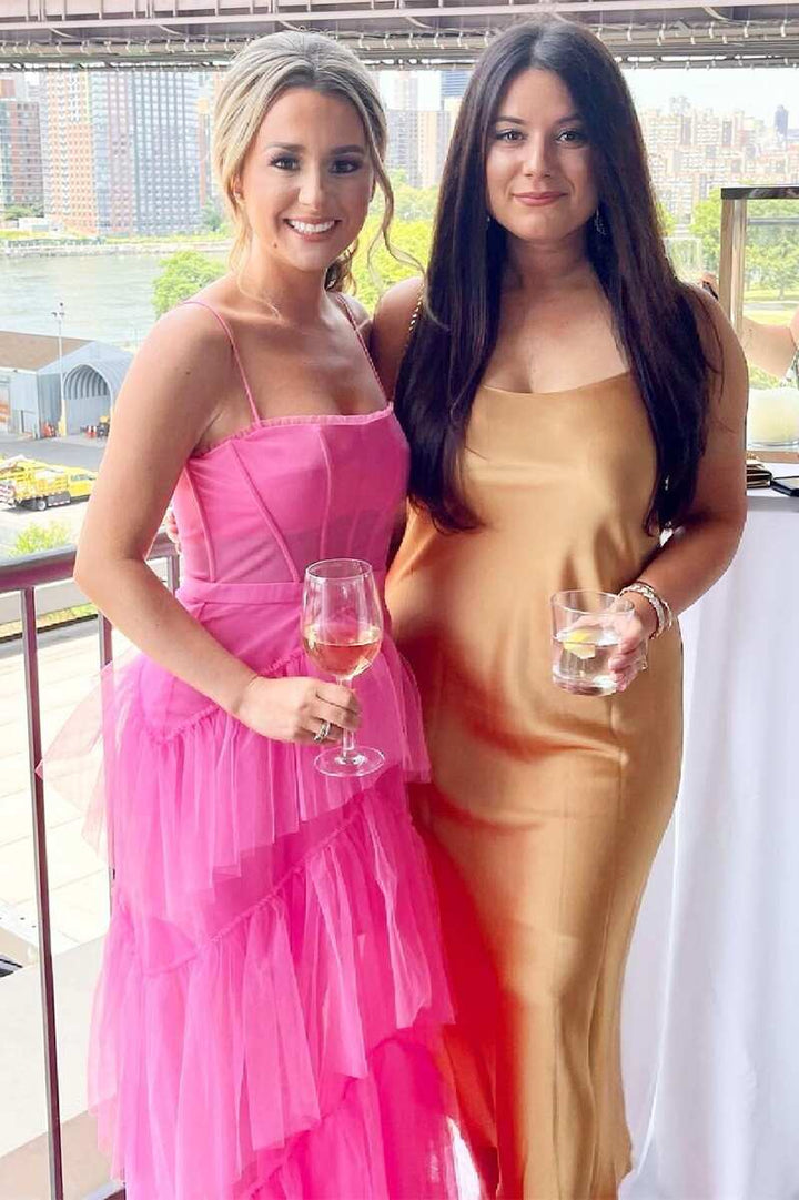 Hot Pink Straps Tiered A-Line Long Prom Dress