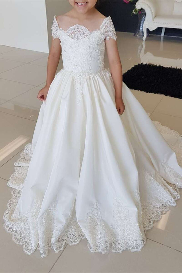 Portrait Lace Appliqués Pleated A-Line Flower Girl Dress