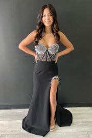 Black Beaded Sweetheart Mermaid Long Prom Dress with Slit