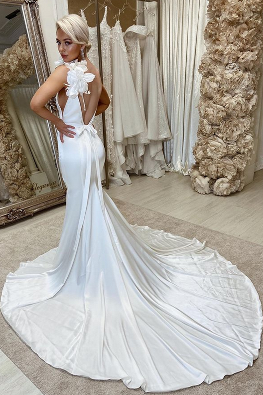 White Satin Backless Mermaid Wedding Dress with Flowers