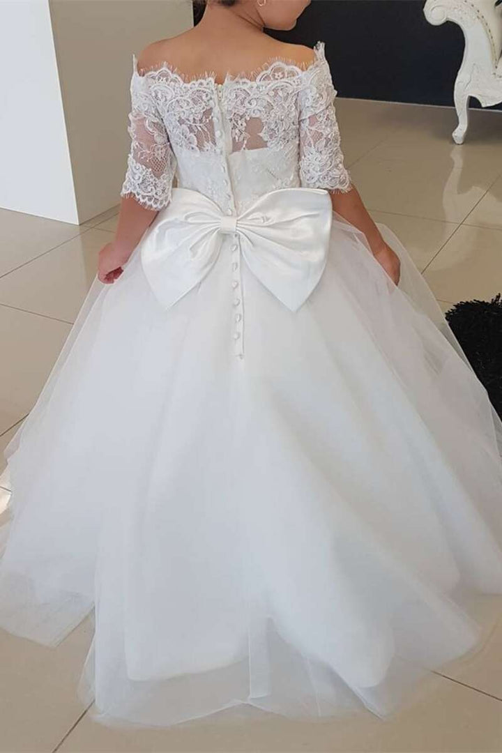 White Off-the-Shoulder Lace Bow-Back A-Line Flower Girl Dress
