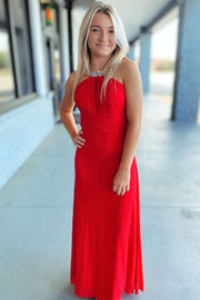 Red Beaded Halter Backless Maxi Dress