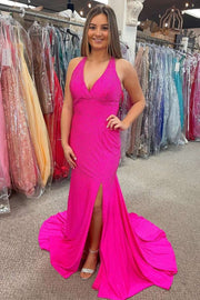 Neon Pink Beaded Halter Backless Mermaid Long Prom Gown