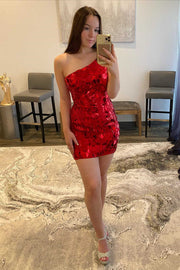 One-Shoulder Red Cut Glass Mirror Fitted Mini Homecoming Dress