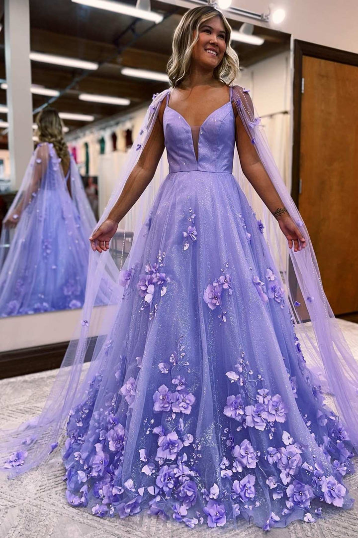 Lavender 3D Floral Lace A-Line Prom Dress with Cape Sleeves