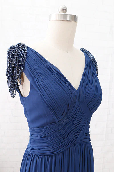 Navy Blue Chiffon V-Neck Tassel Sleeves Long Mother of the Bride Dress