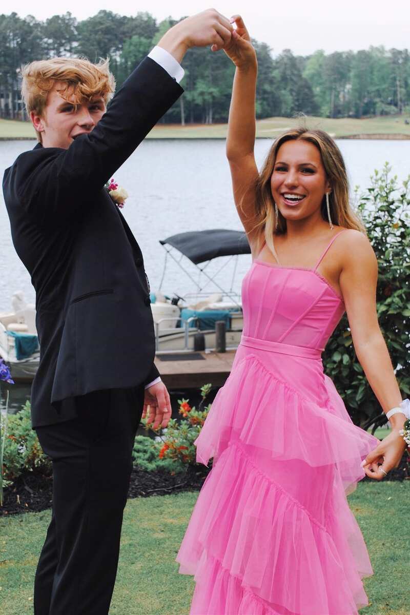Hot Pink Straps Tiered A-Line Long Prom Dress Modsele Hot Pink Straps Tiered A-Line Long Prom Dress Modsele