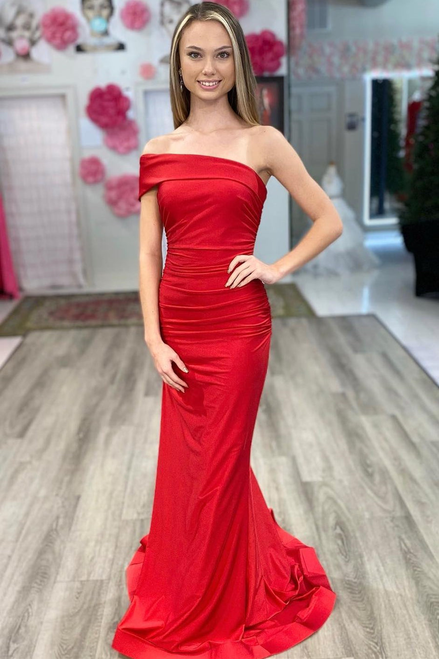Red Off-the-Shoulder Ruched Mermaid  Long Prom Dress