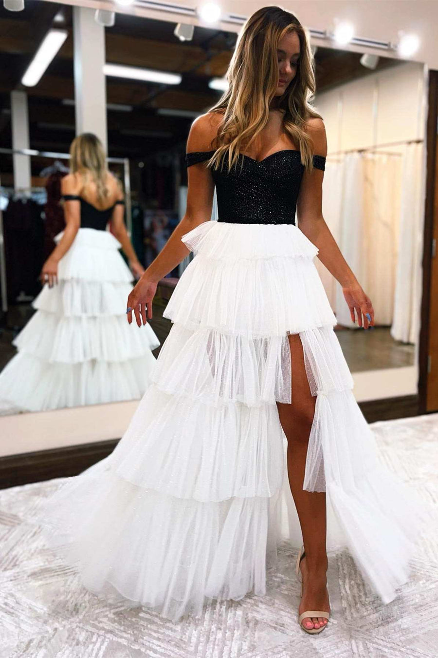 Glitter Black and White Off-the-Shoulder Tiered Prom Dress