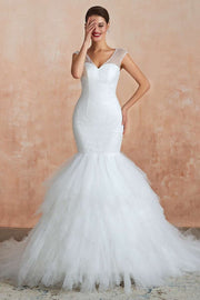 Multi-Tiered Lace-Up Trumpet Wedding Dress with Sweep Train