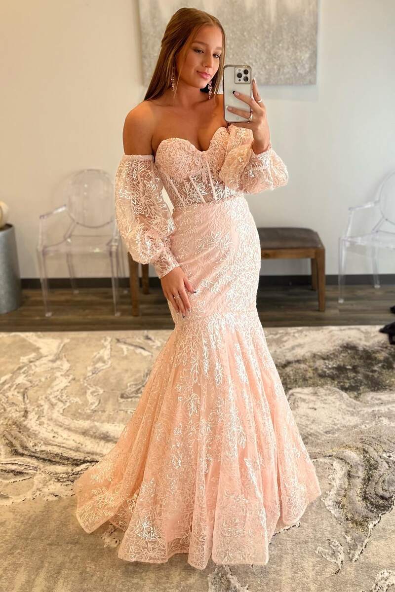 Pink Lace Sweetheart Trumpet Long Prom Gown