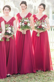 Ruby Chiffon Ruffled Straps Long Bridesmaid Dress