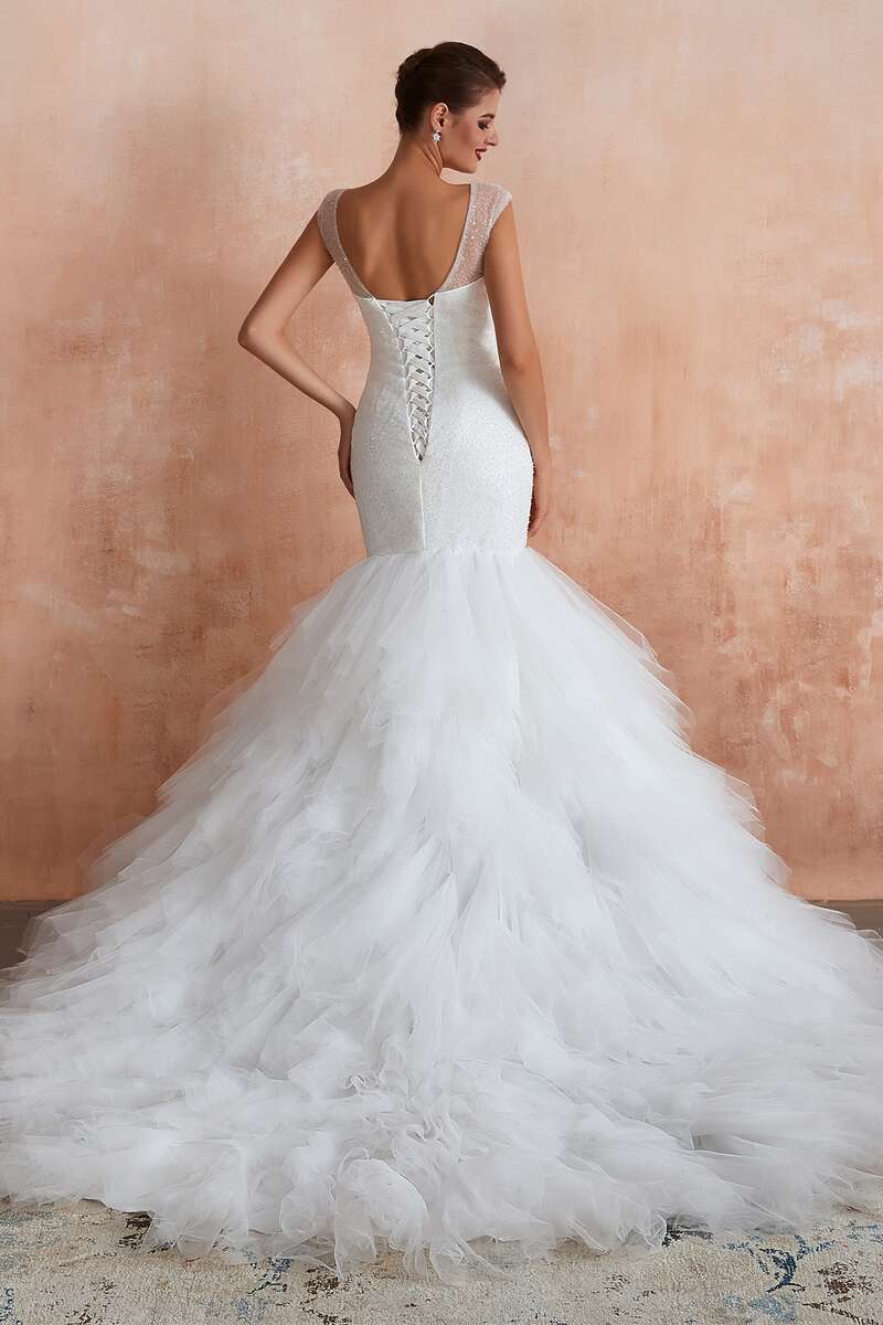 Multi-Tiered Lace-Up Trumpet Wedding Dress with Sweep Train Modsele Multi-Tiered Lace-Up Trumpet Wedding Dress with Sweep Train Modsele