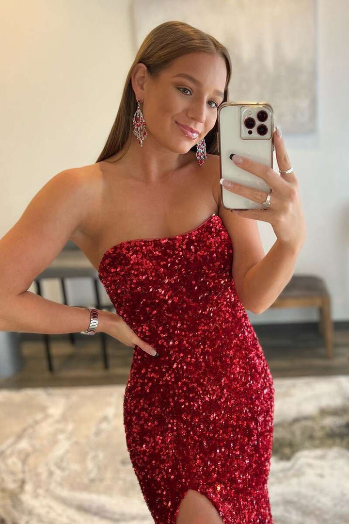 Burgundy Sequin Strapless Mermaid Long Prom Dress