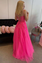 Hot Pink Princess Appliqués Backless Long Prom Gown