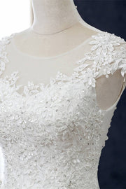 White Lace Beaded Cap Sleeve Trumpet Wedding Dress