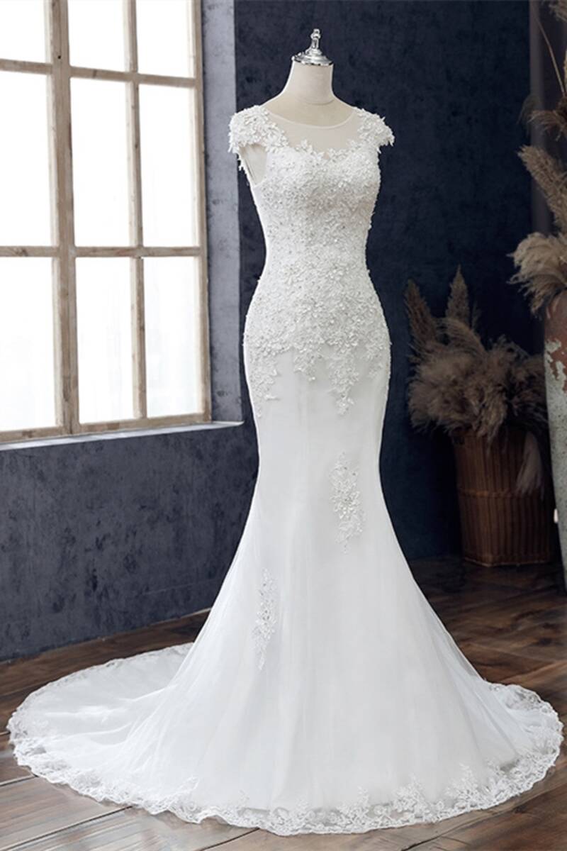 White Lace Beaded Cap Sleeve Trumpet Wedding Dress Modsele White Lace Beaded Cap Sleeve Trumpet Wedding Dress Modsele