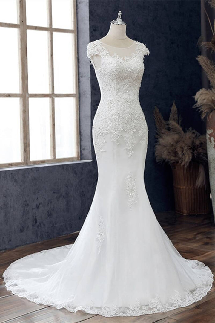 White Lace Beaded Cap Sleeve Trumpet Wedding Dress
