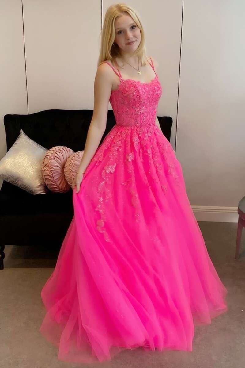 Hot Pink Princess Appliqués Backless Long Prom Gown