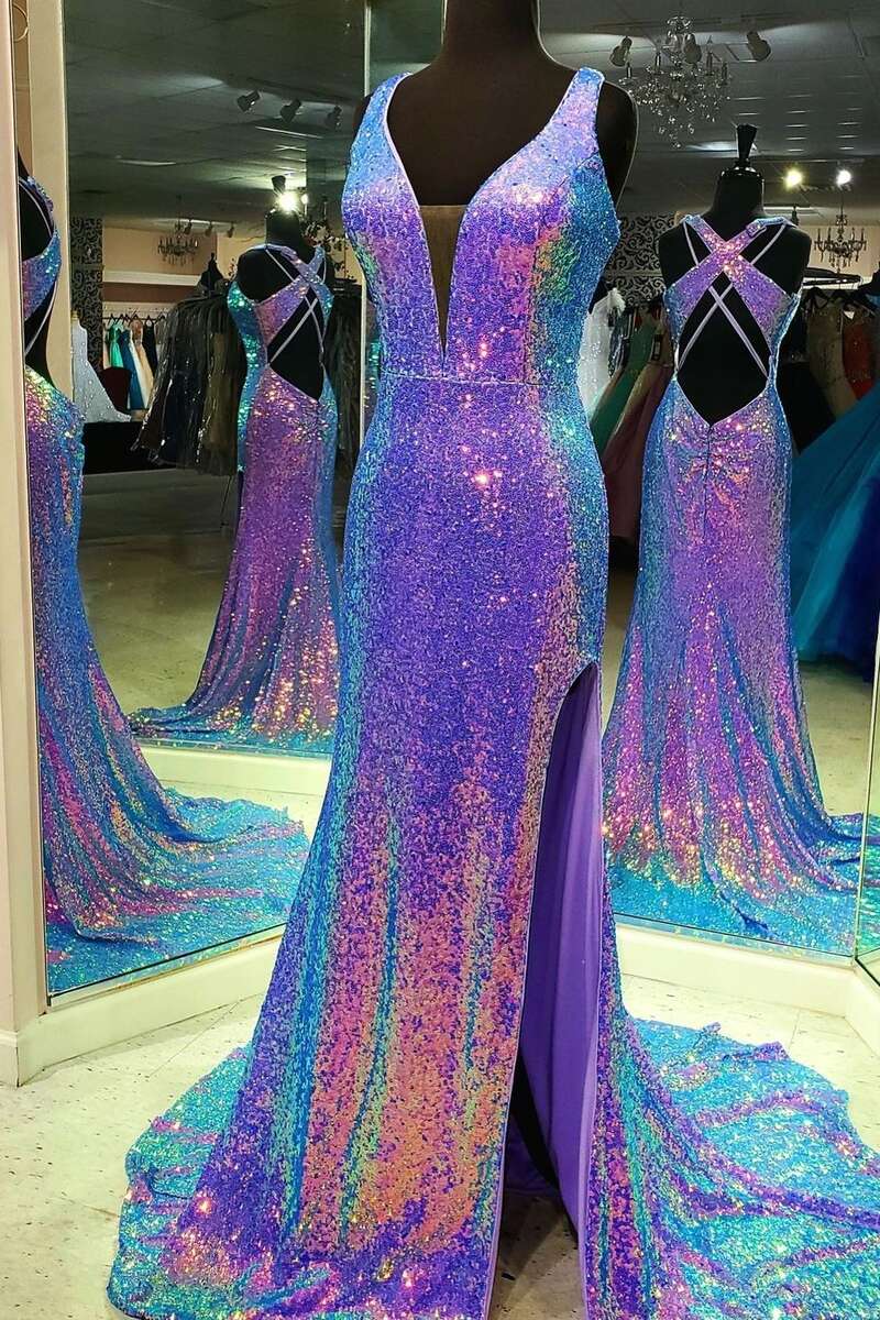 Iridescent Purple Sequins V-Neck Cross Back Long Formal Dress