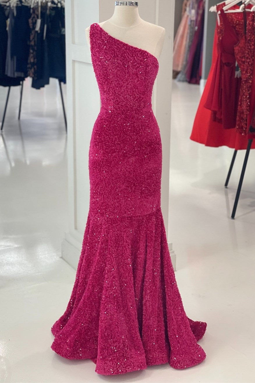 Magenta Sequin One-Shoulder Trumpet Long Prom Dress – Modsele