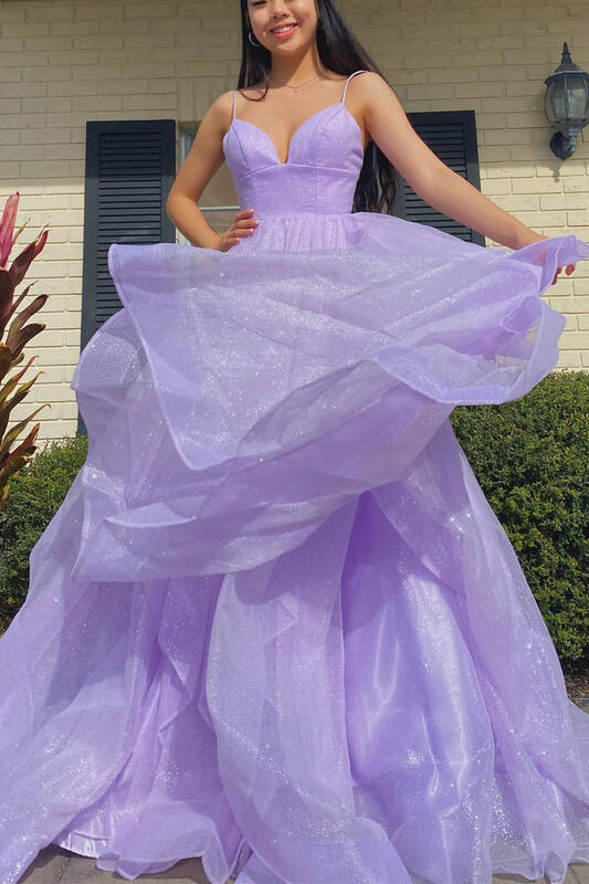 Sparkle Lavender Straps Multi-Tiered Long Prom Dress