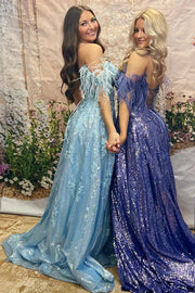 Blue Sequin Feather Off-the-Shoulder Lace-Up A-Line Prom Dress