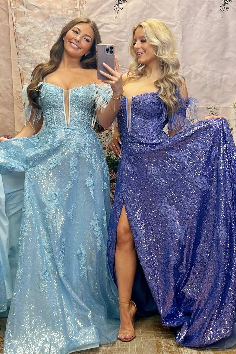 Blue Sequin Feather Off-the-Shoulder Lace-Up A-Line Prom Dress