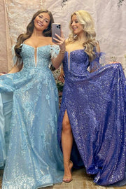 Blue Sequin Feather Off-the-Shoulder Lace-Up A-Line Prom Dress