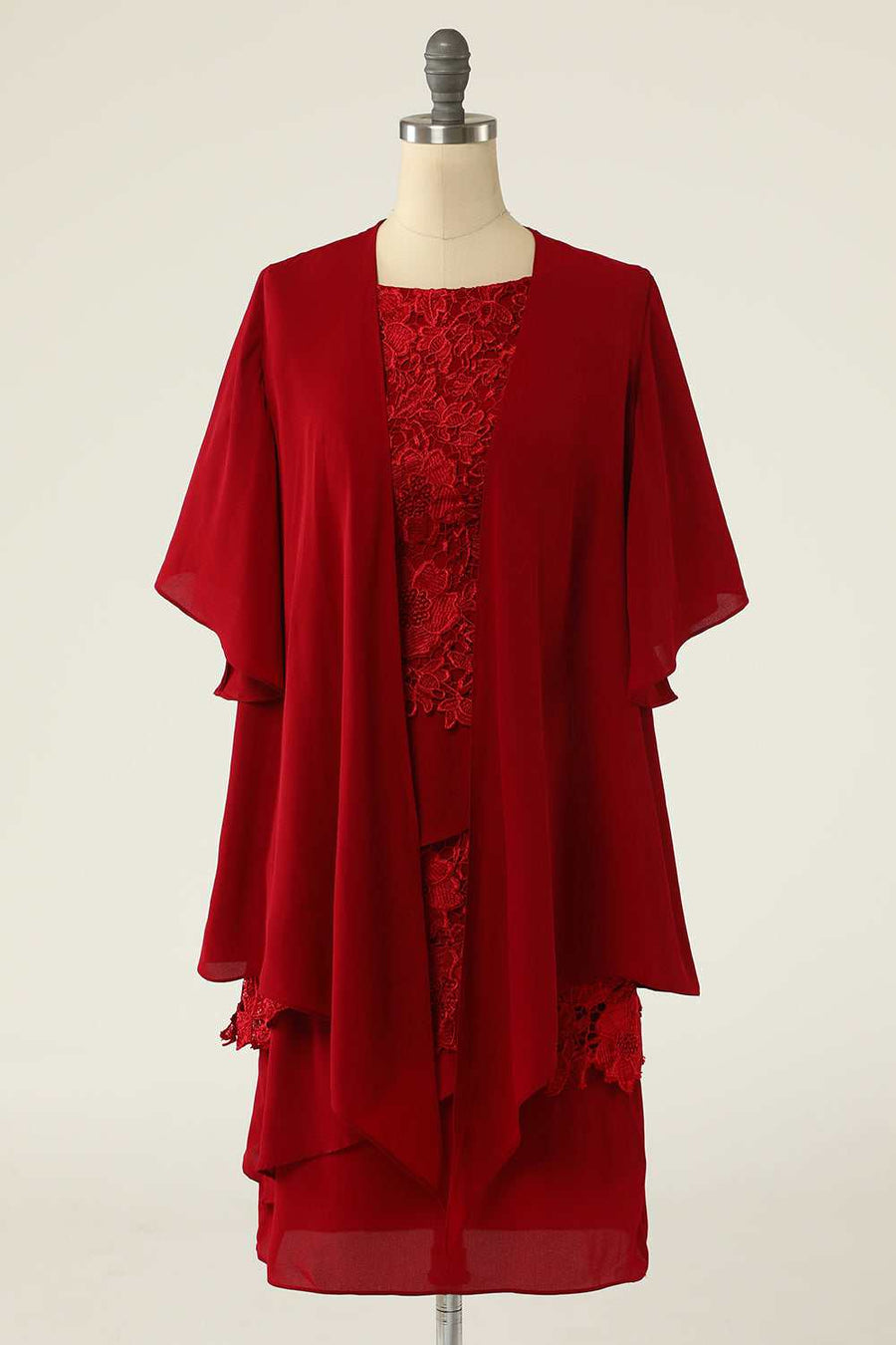 Two-Piece Red Lace Short Mother of the Bride Dress with Snap Cardigan
