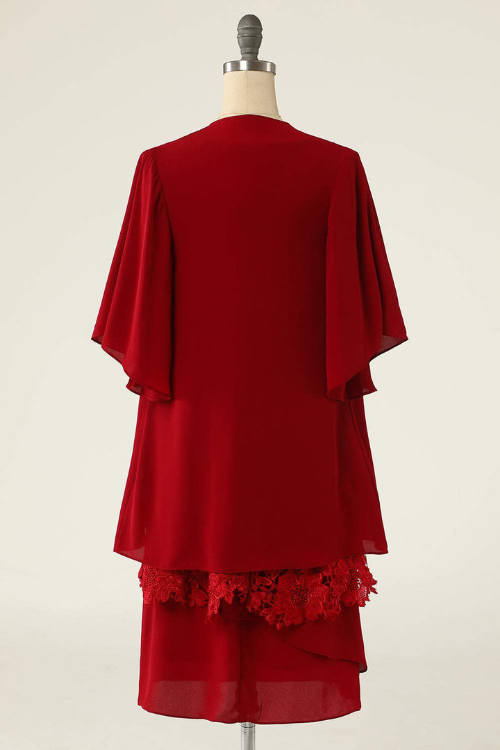 Two-Piece Red Lace Short Mother of the Bride Dress with Snap Cardigan