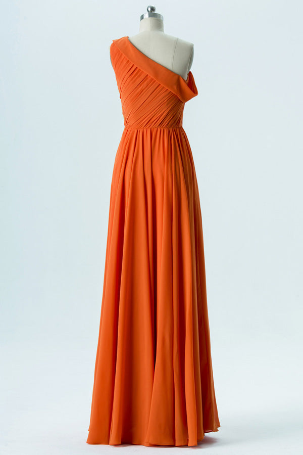 Orange Chiffon One-Shoulder Bridesmaid Dress