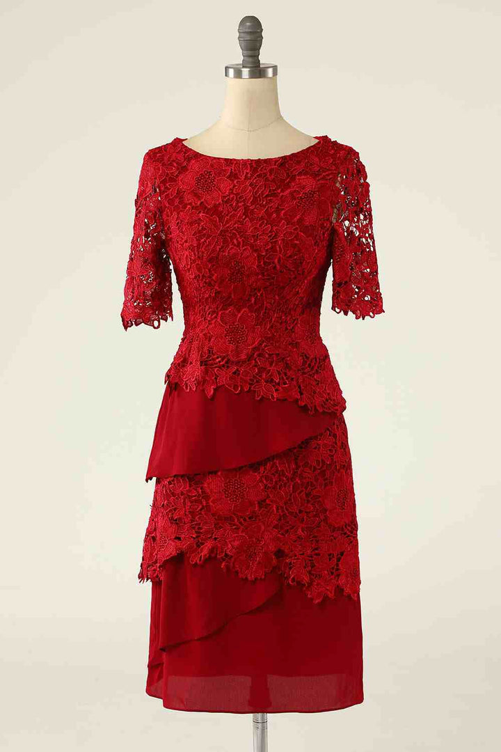 Two-Piece Red Lace Short Mother of the Bride Dress with Snap Cardigan