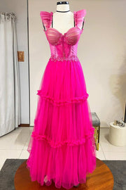 Magenta Tulle Ruffles Bustier A-Line Prom Dress