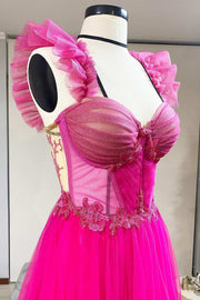 Magenta Tulle Ruffles Bustier A-Line Prom Dress