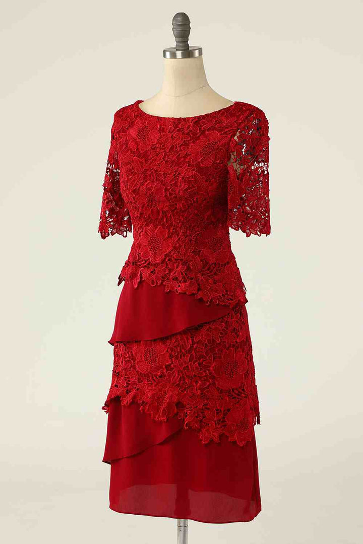Two-Piece Red Lace Short Mother of the Bride Dress with Snap Cardigan