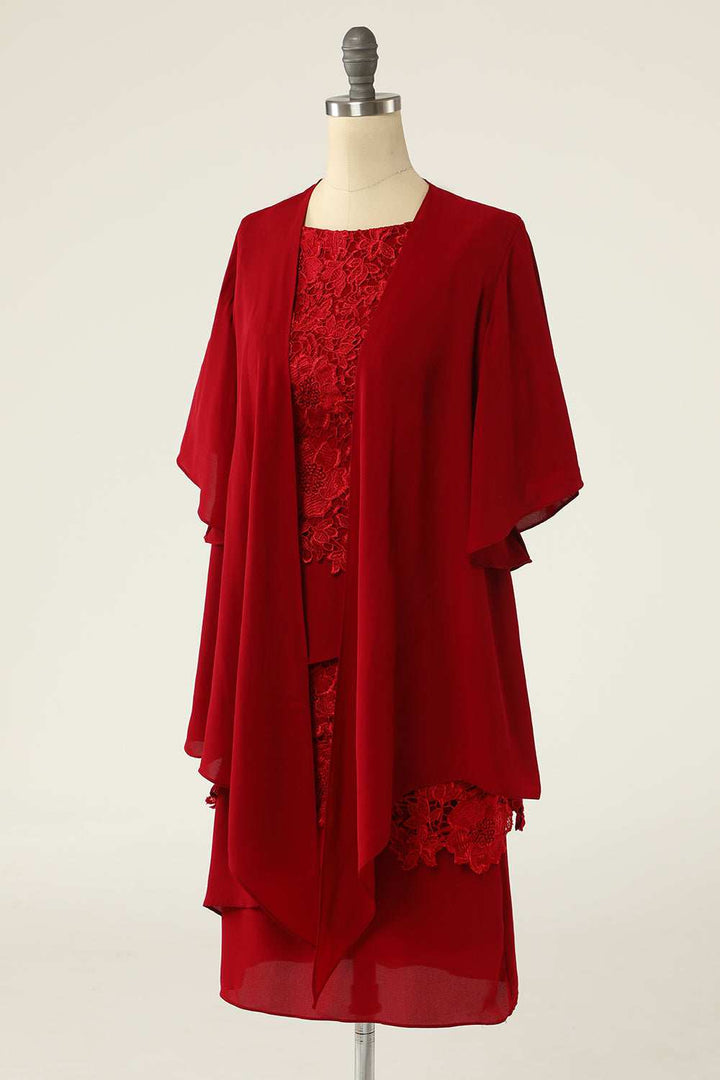 Two-Piece Red Lace Short Mother of the Bride Dress with Snap Cardigan