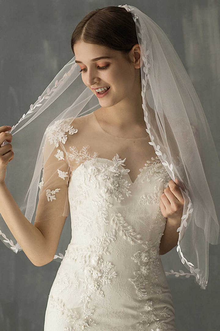 White Mesh Leaf Medium Long Bridal Veil