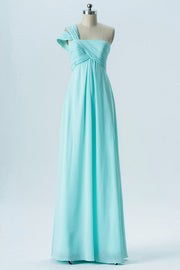 Aqua Blue One-Shoulder Double Straps Bridesmaid Dress