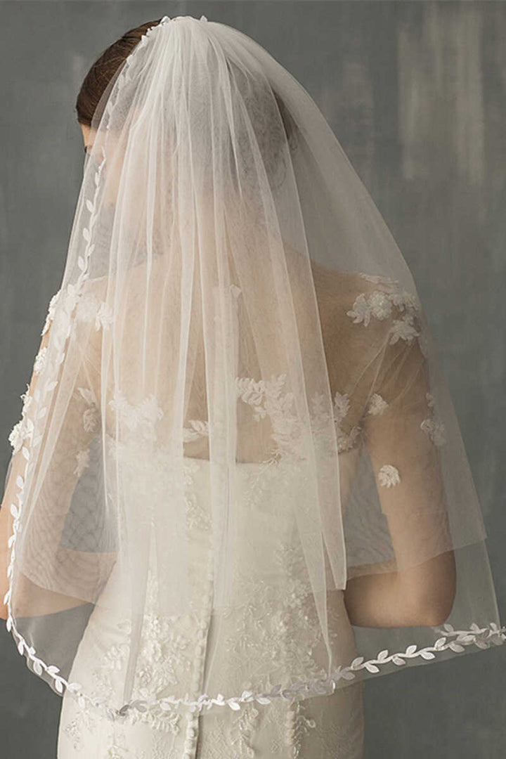 White Mesh Leaf Medium Long Bridal Veil